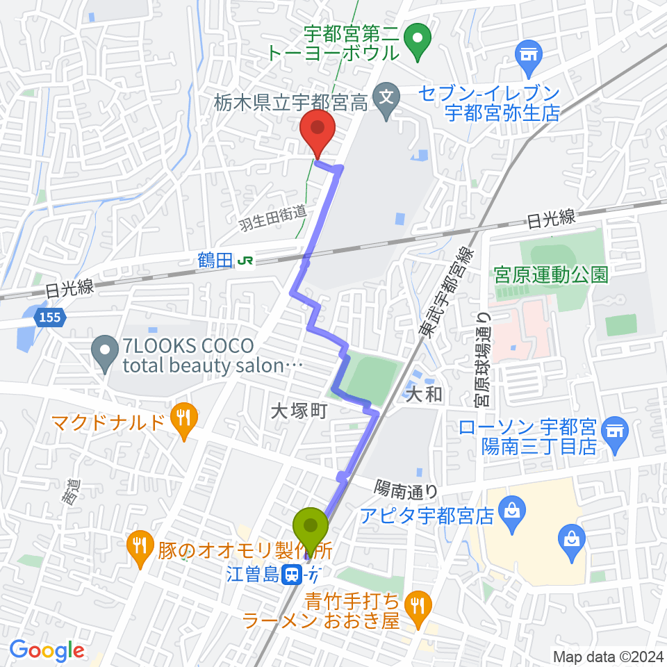 江曽島駅からオオノ楽器 宇都宮店へのルートマップ地図