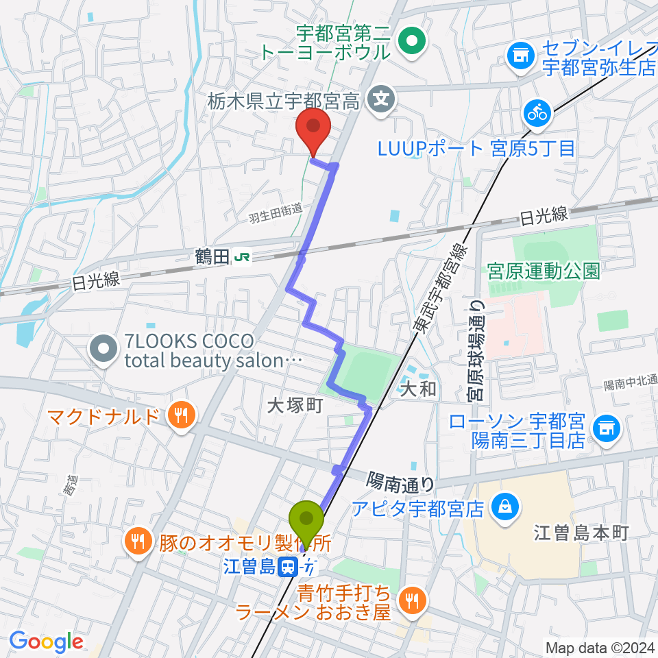 江曽島駅からオオノ楽器 宇都宮店へのルートマップ地図