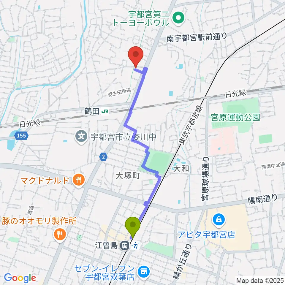江曽島駅からオオノ楽器 宇都宮店へのルートマップ地図