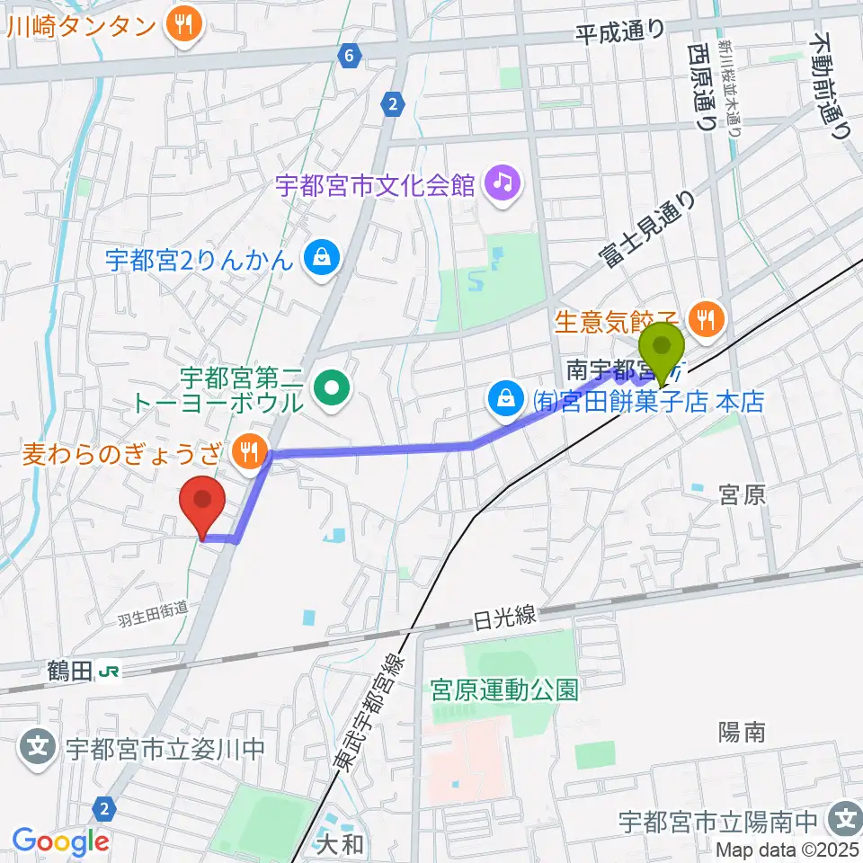 南宇都宮駅からオオノ楽器 宇都宮店へのルートマップ地図