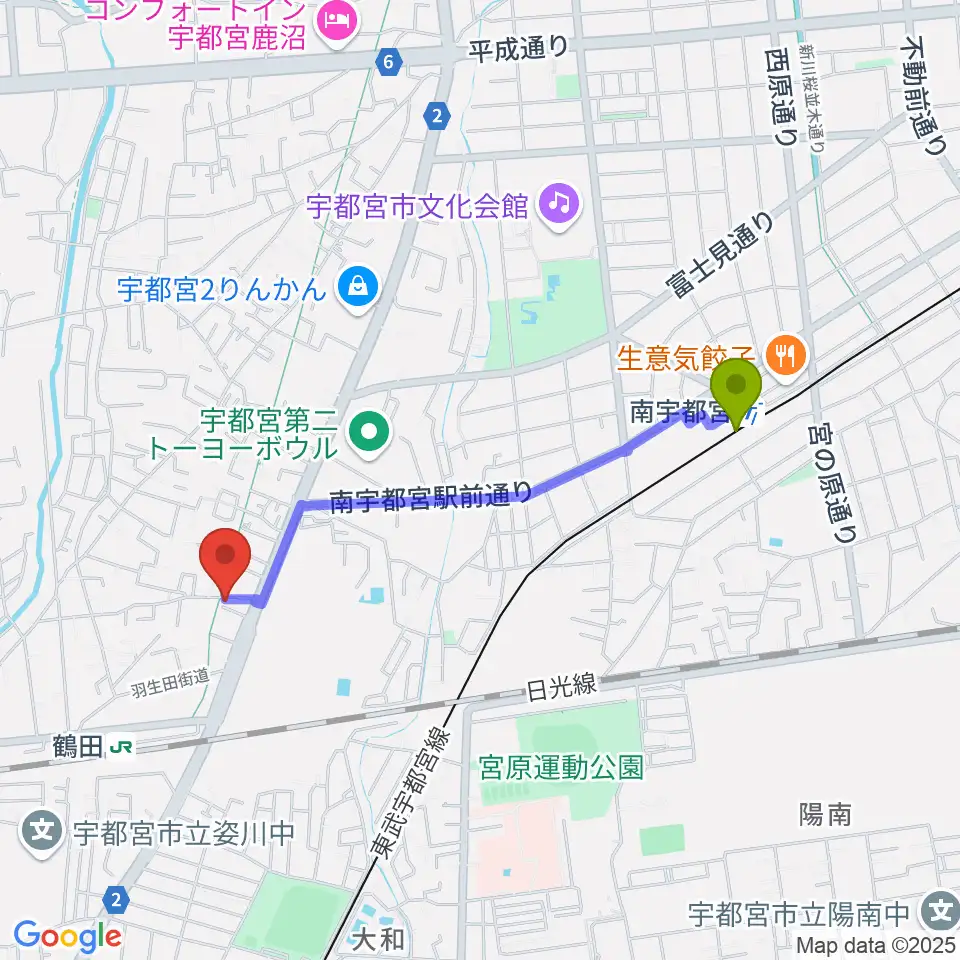 南宇都宮駅からオオノ楽器 宇都宮店へのルートマップ地図