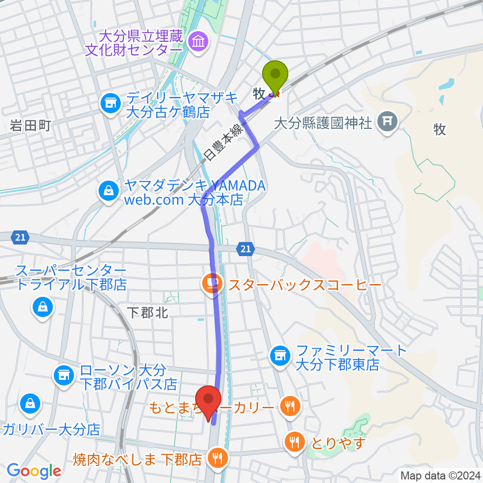 カネトウ楽器 大分店の最寄駅牧駅からの徒歩ルート（約22分）地図