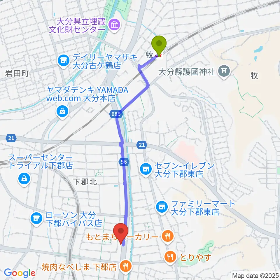 カネトウ楽器 大分店の最寄駅牧駅からの徒歩ルート（約22分）地図