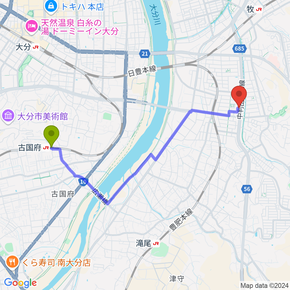 古国府駅からカネトウ楽器 大分店へのルートマップ地図