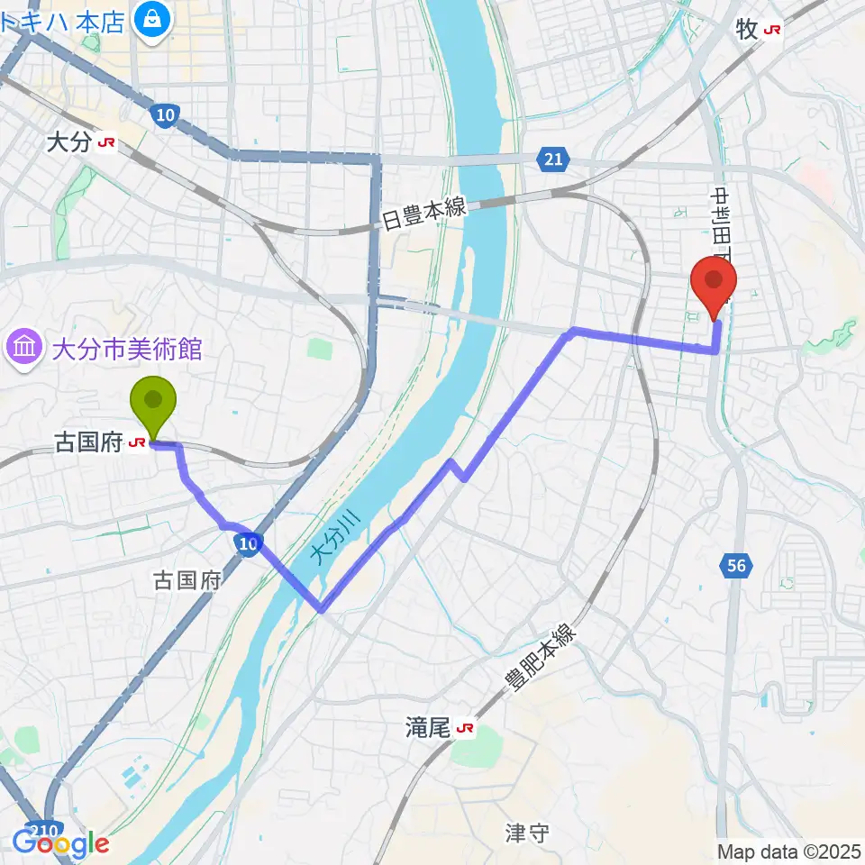 古国府駅からカネトウ楽器 大分店へのルートマップ地図