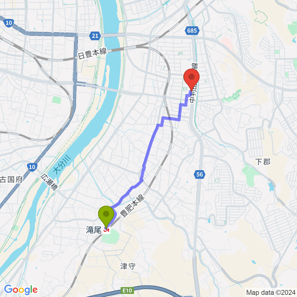 滝尾駅からカネトウ楽器 大分店へのルートマップ地図