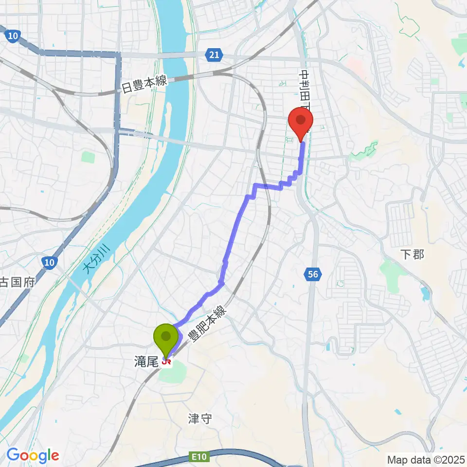 滝尾駅からカネトウ楽器 大分店へのルートマップ地図