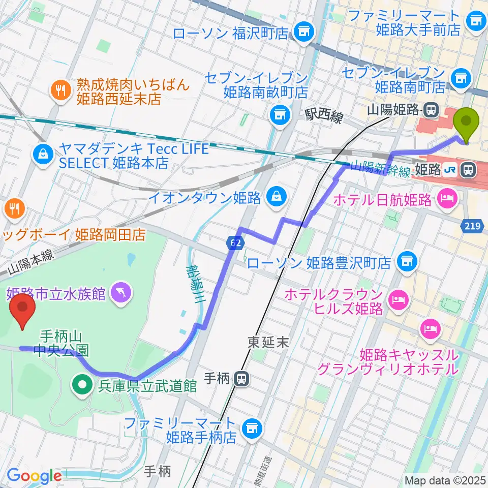 姫路駅からヴィクトリーナ・ウインク体育館へのルートマップ地図