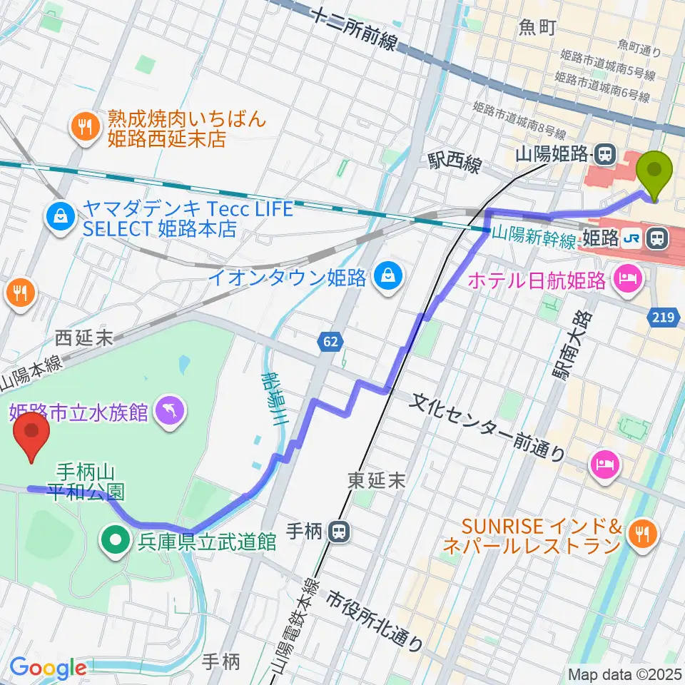 姫路駅からヴィクトリーナ・ウインク体育館へのルートマップ地図