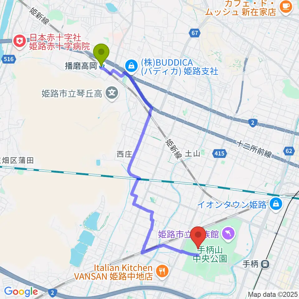 播磨高岡駅からヴィクトリーナ・ウインク体育館へのルートマップ地図