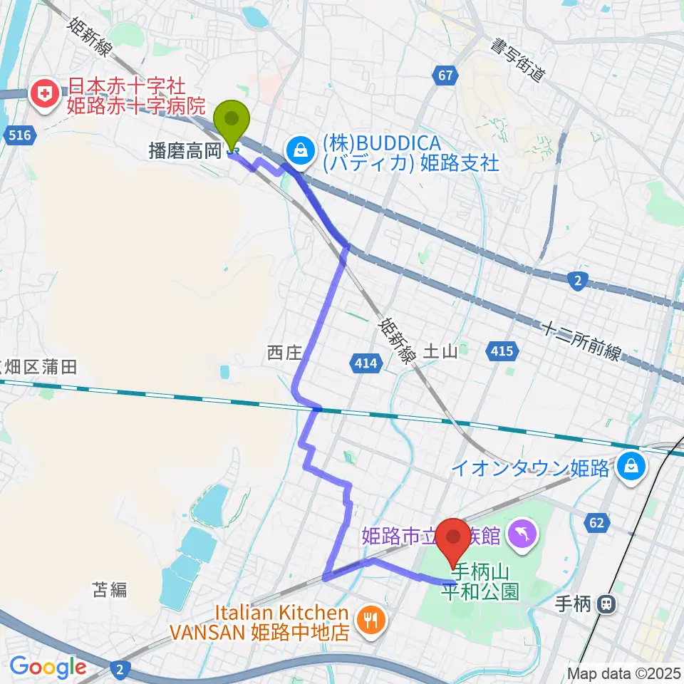 播磨高岡駅からヴィクトリーナ・ウインク体育館へのルートマップ地図