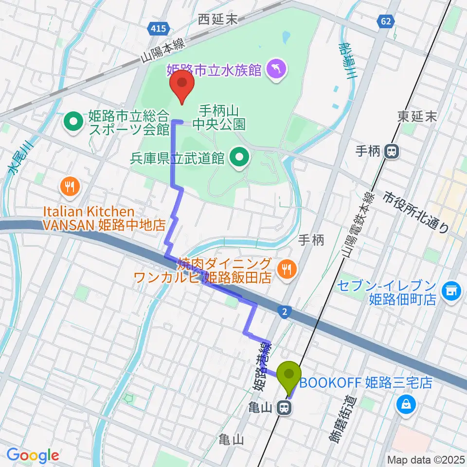 亀山駅からヴィクトリーナ・ウインク体育館へのルートマップ地図