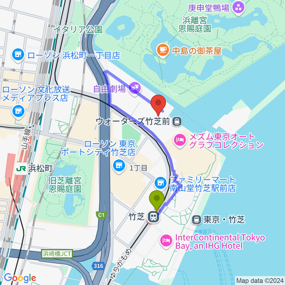 JR東日本四季劇場［秋］の最寄駅竹芝駅からの徒歩ルート（約5分）地図