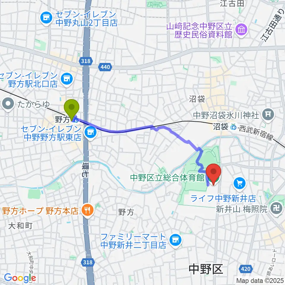 野方駅から中野区立総合体育館へのルートマップ地図