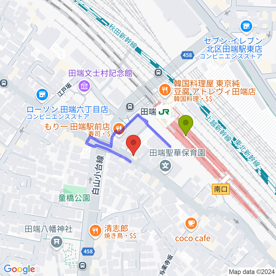 ギターリペア工房DNSの最寄駅田端駅からの徒歩ルート（約2分）地図