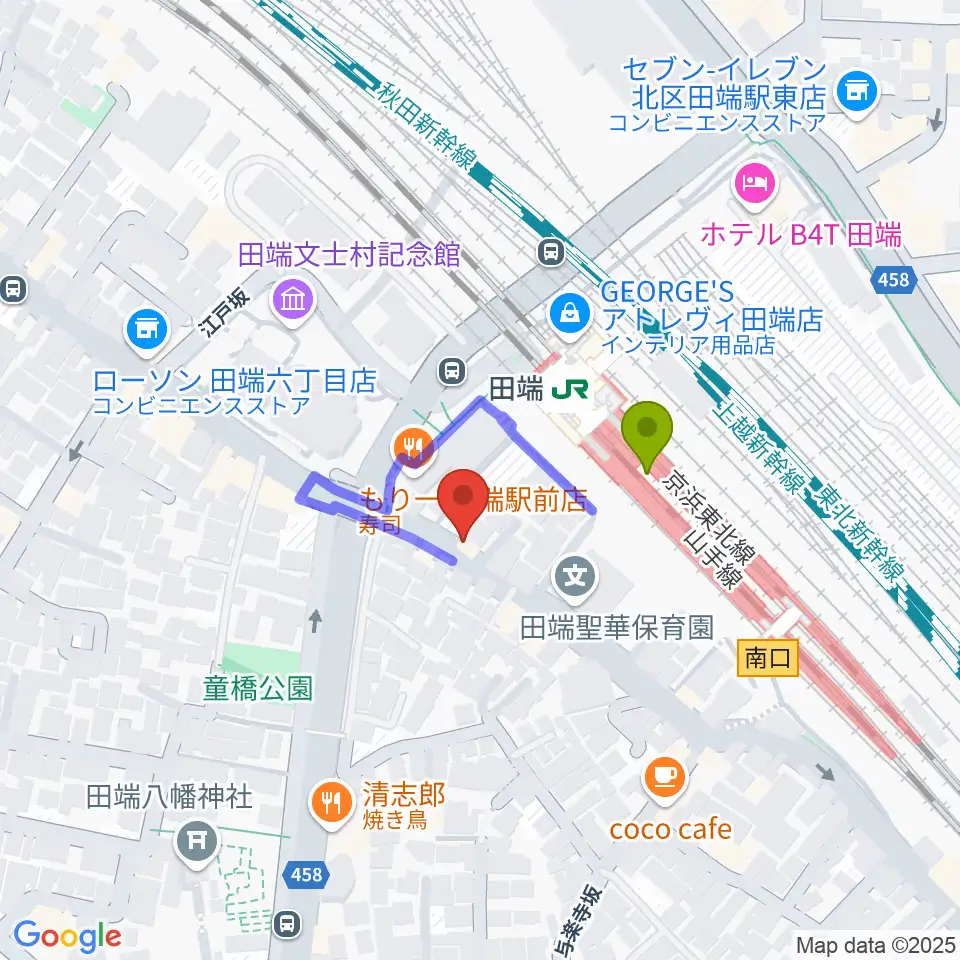 ギターリペア工房DNSの最寄駅田端駅からの徒歩ルート（約2分）地図