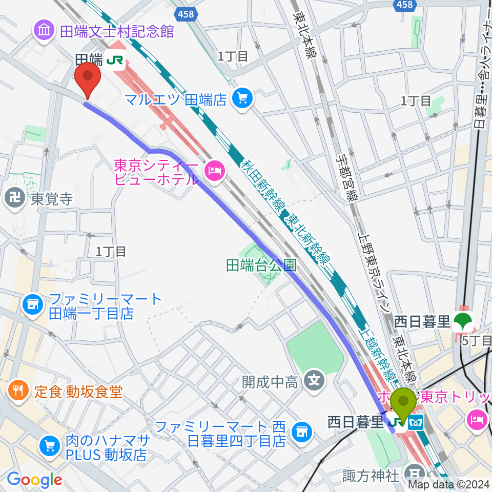 西日暮里駅からギターリペア工房DNSへのルートマップ地図