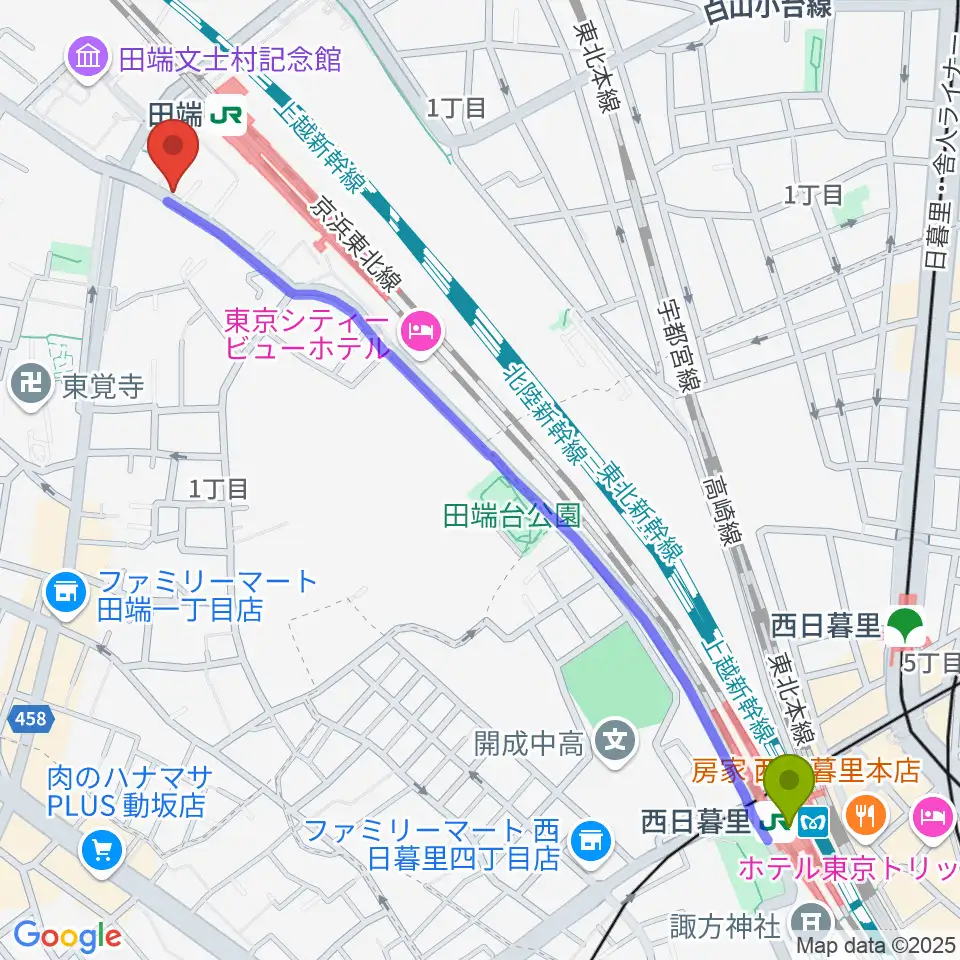 西日暮里駅からギターリペア工房DNSへのルートマップ地図