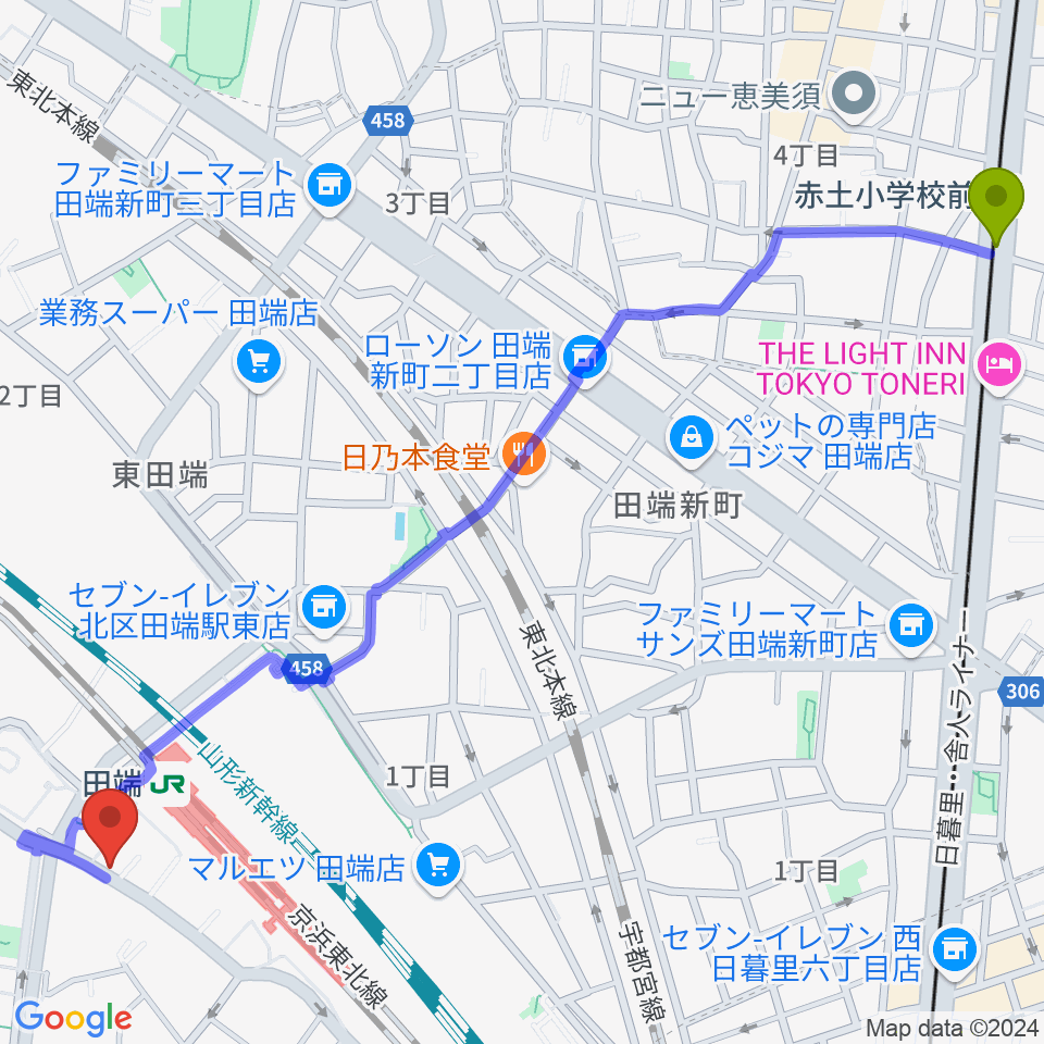 赤土小学校前駅からギターリペア工房DNSへのルートマップ地図