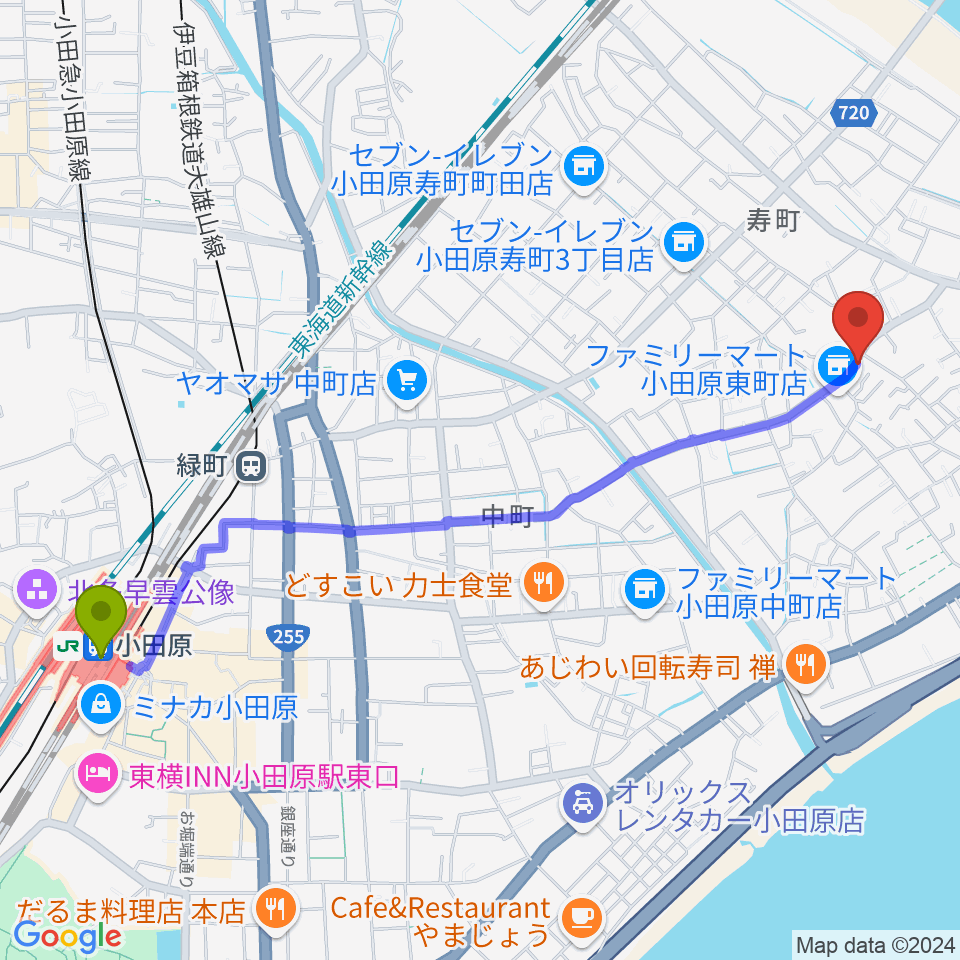 小田原駅からMiura Guitar Repair Workshopへのルートマップ地図