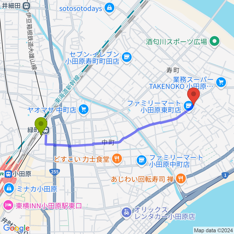 Miura Guitar Repair Workshopの最寄駅緑町駅からの徒歩ルート（約21分）地図