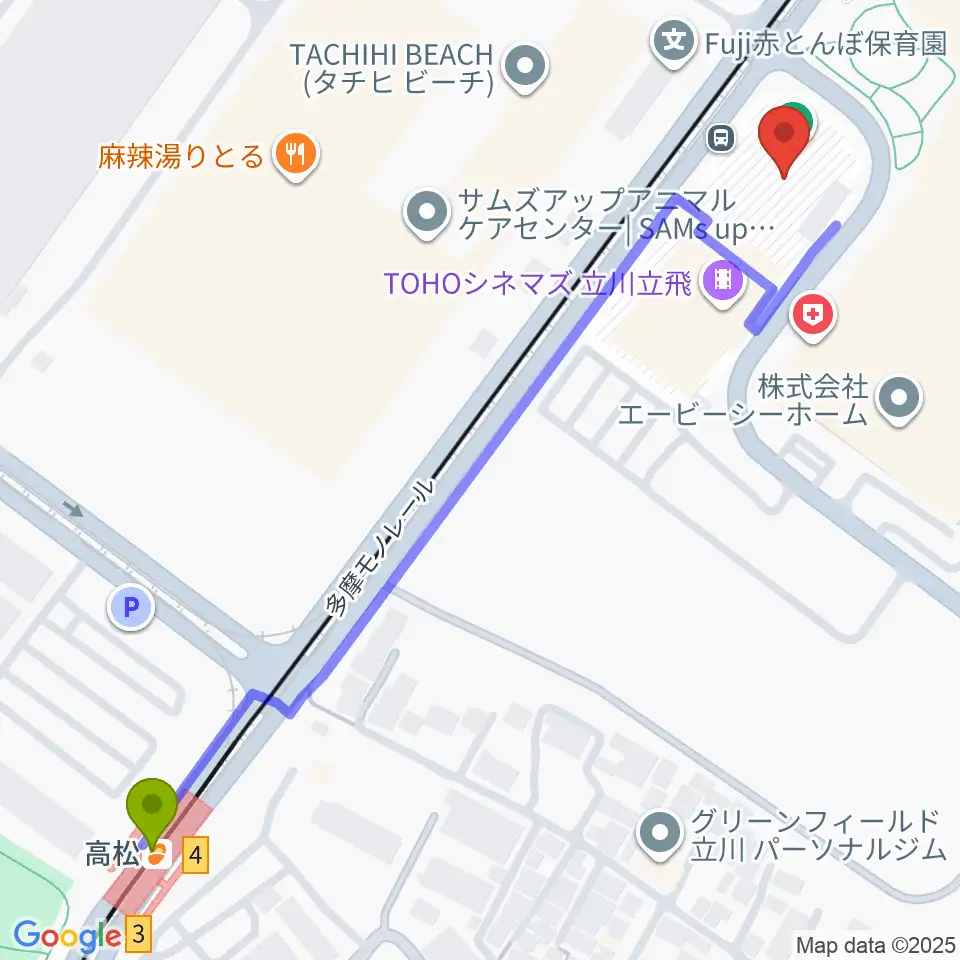 高松駅からTOHOシネマズ立川立飛へのルートマップ地図
