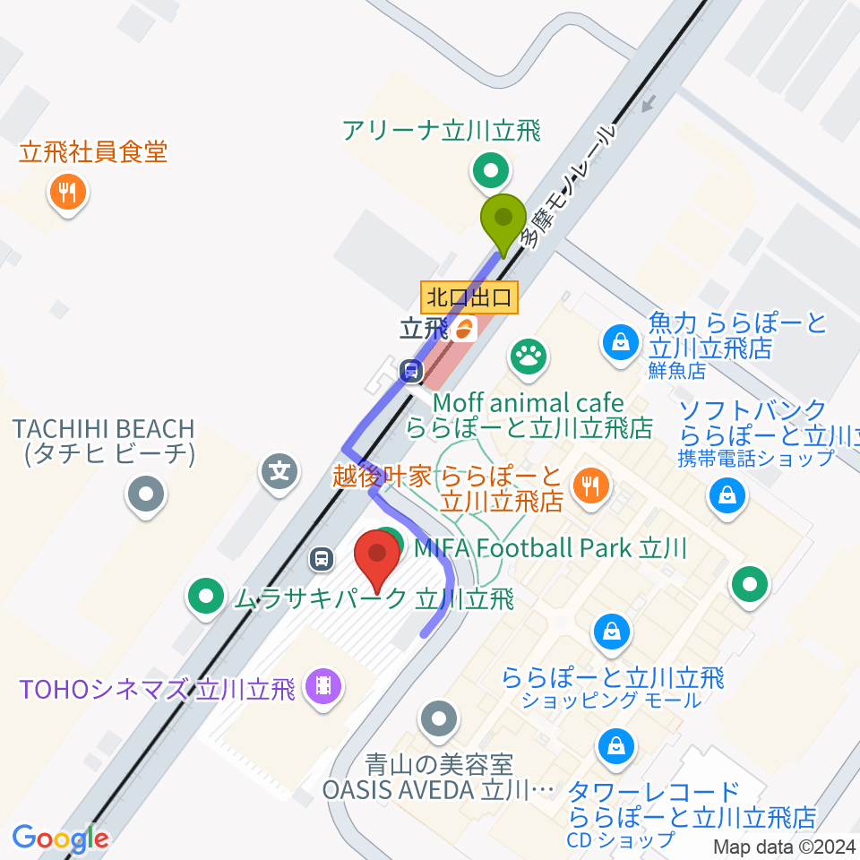 TOHOシネマズ立川立飛の最寄駅立飛駅からの徒歩ルート（約3分）地図