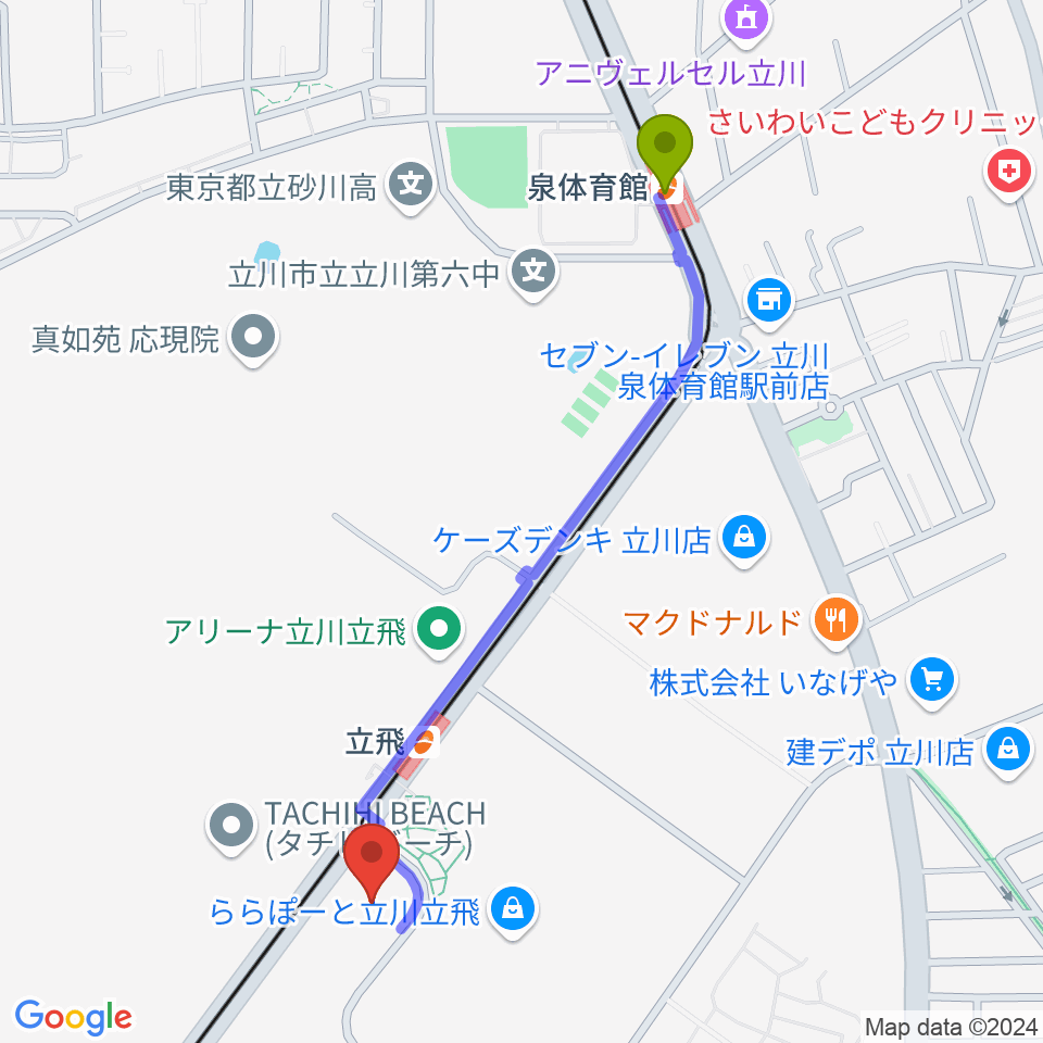 泉体育館駅からTOHOシネマズ立川立飛へのルートマップ地図