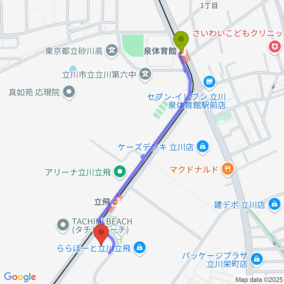 泉体育館駅からTOHOシネマズ立川立飛へのルートマップ地図