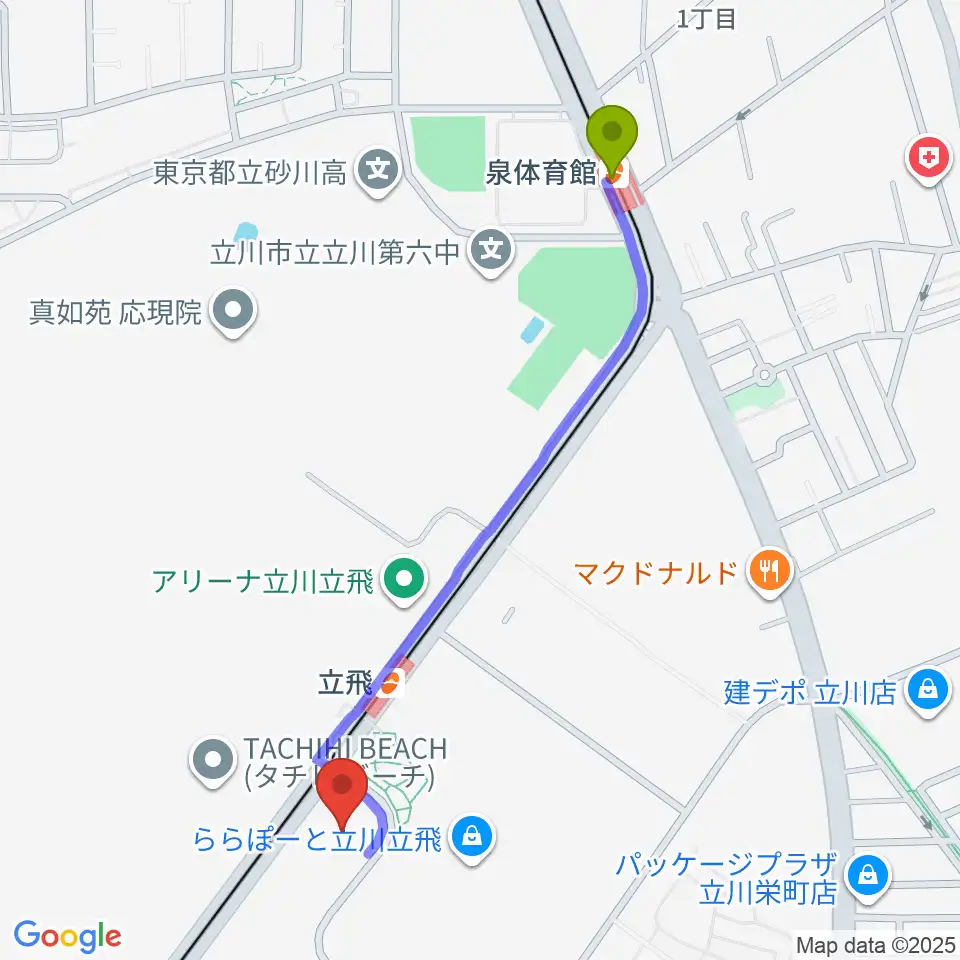 泉体育館駅からTOHOシネマズ立川立飛へのルートマップ地図