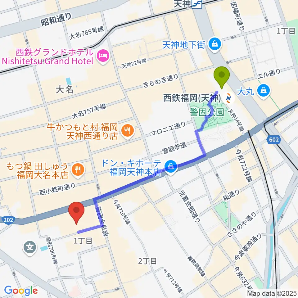 西鉄福岡（天神）駅からキノシネマ天神へのルートマップ地図