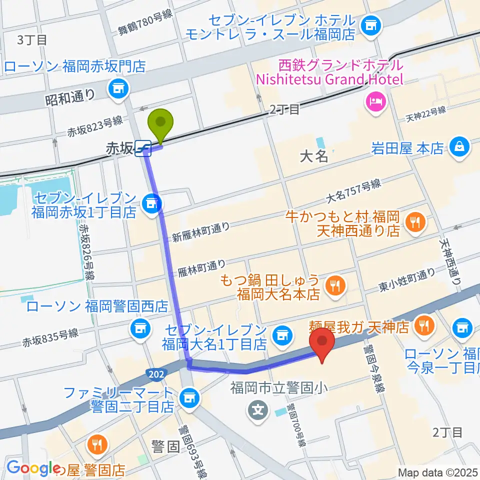 キノシネマ天神の最寄駅赤坂駅からの徒歩ルート（約9分）地図