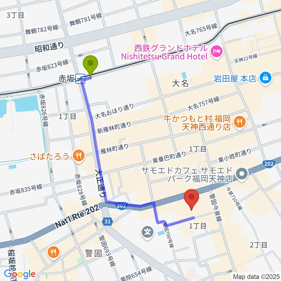 赤坂駅からキノシネマ天神へのルートマップ地図