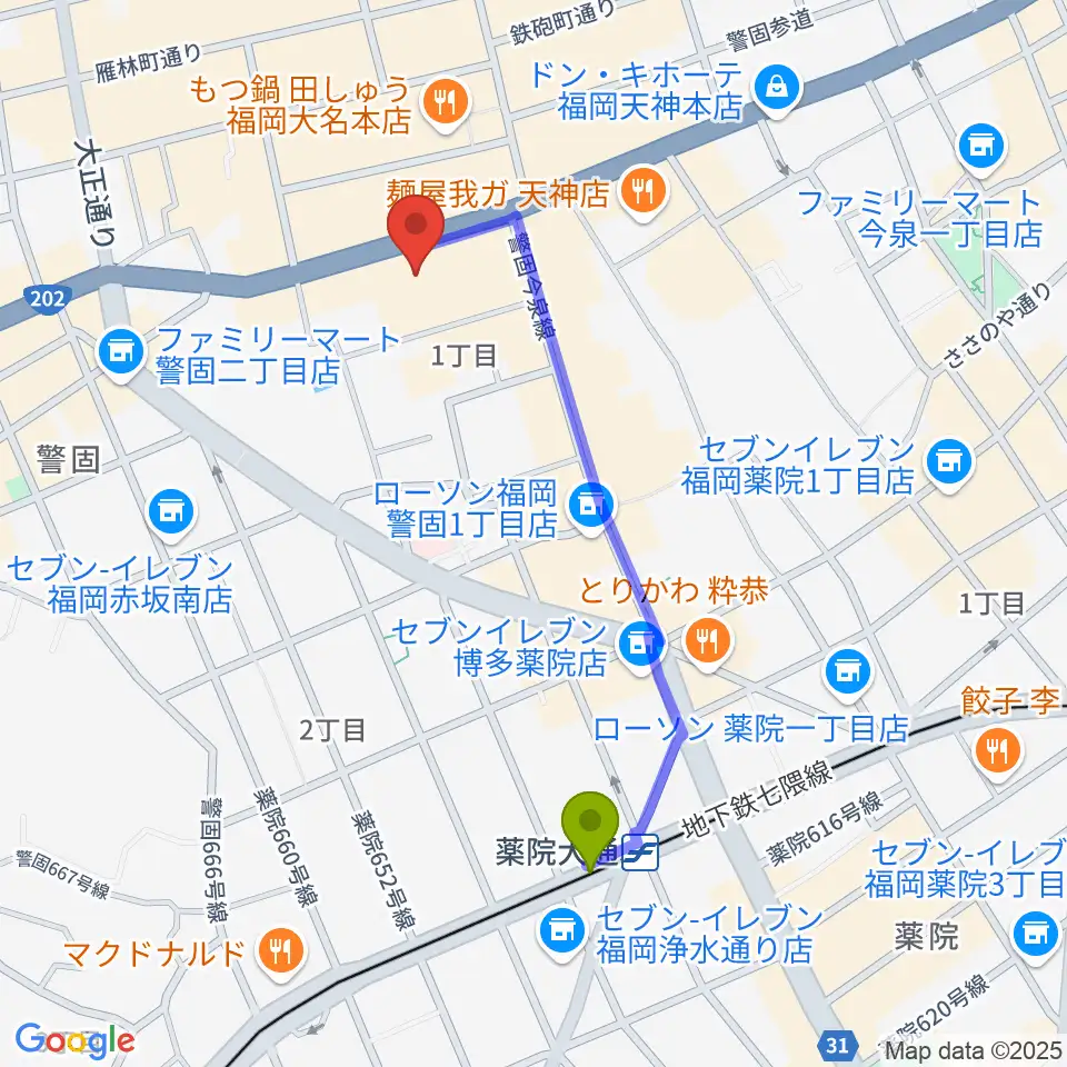 薬院大通駅からキノシネマ天神へのルートマップ地図