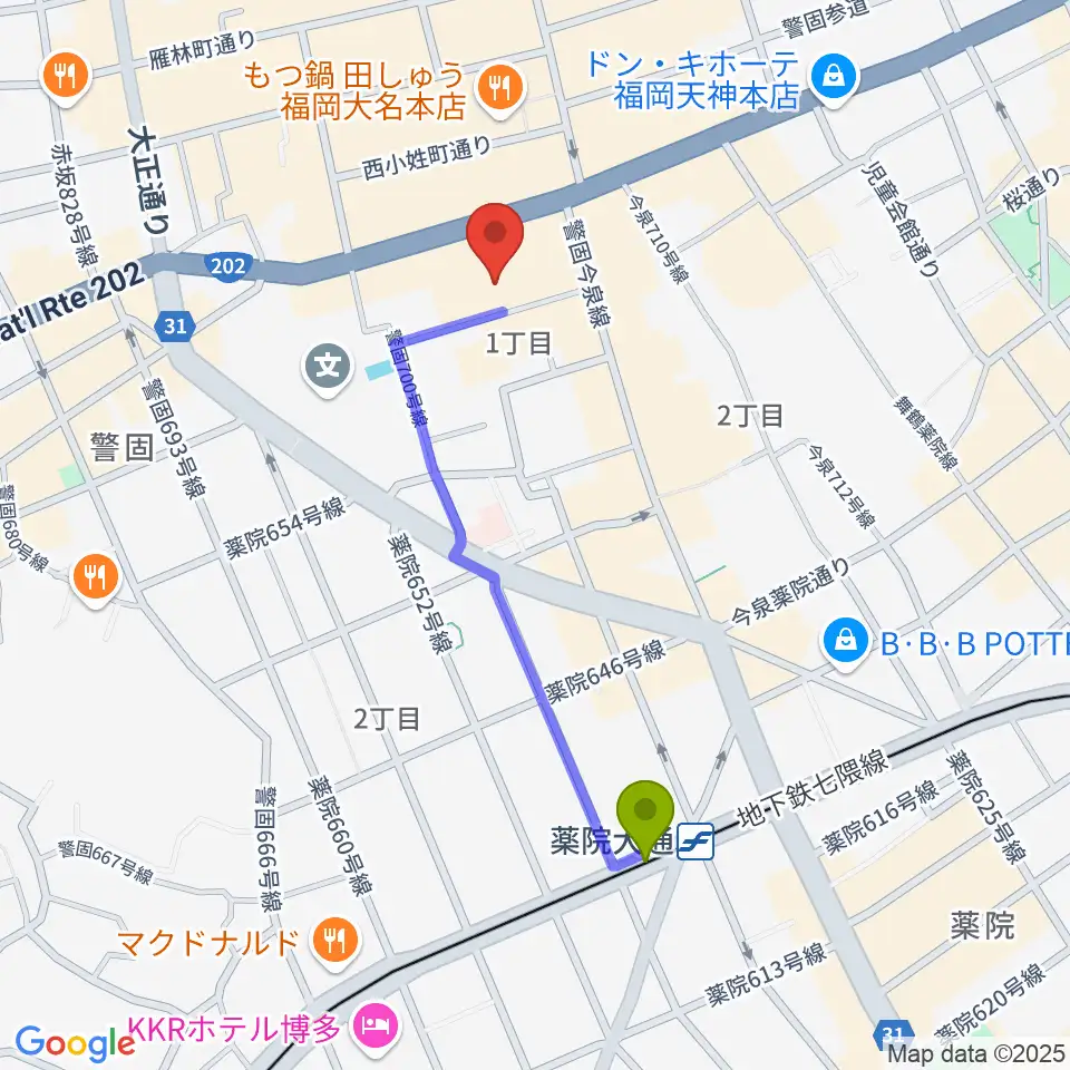 キノシネマ天神の最寄駅薬院大通駅からの徒歩ルート（約9分）地図