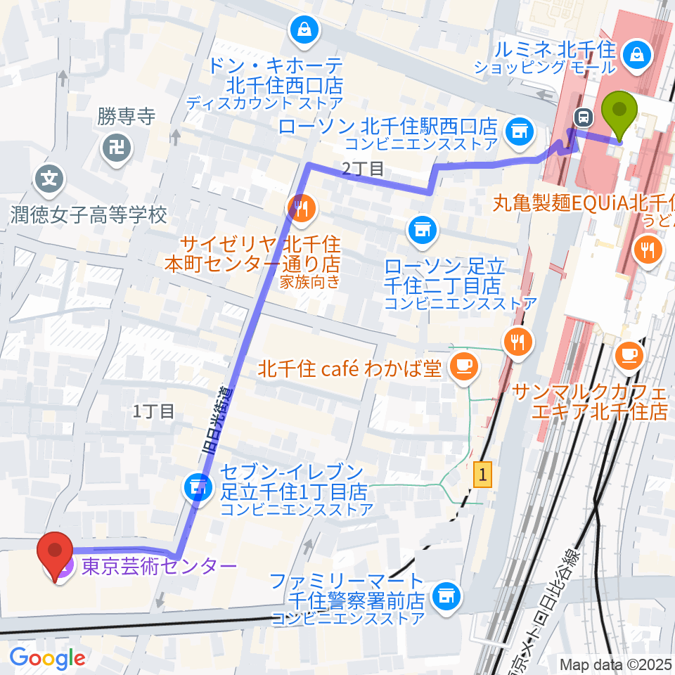 東京芸術センターホワイトスタジオの最寄駅北千住駅からの徒歩ルート（約8分）地図