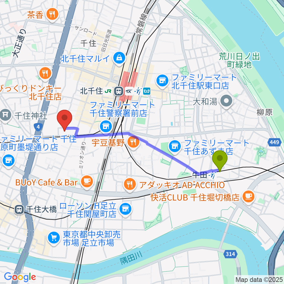 牛田駅から東京芸術センターホワイトスタジオへのルートマップ地図