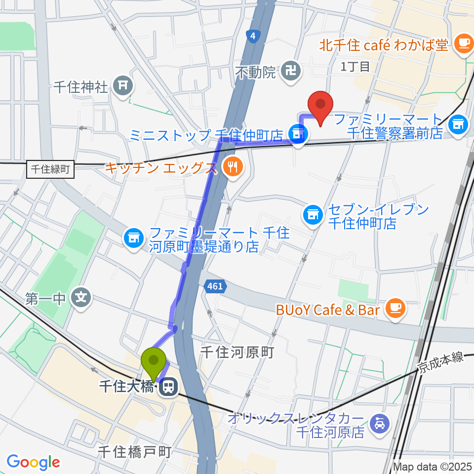 千住大橋駅から東京芸術センターホワイトスタジオへのルートマップ地図