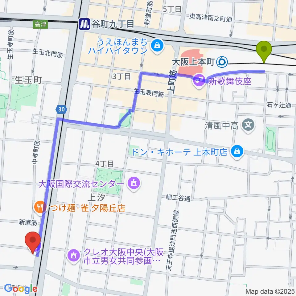大阪上本町駅から天王寺区民センターへのルートマップ地図