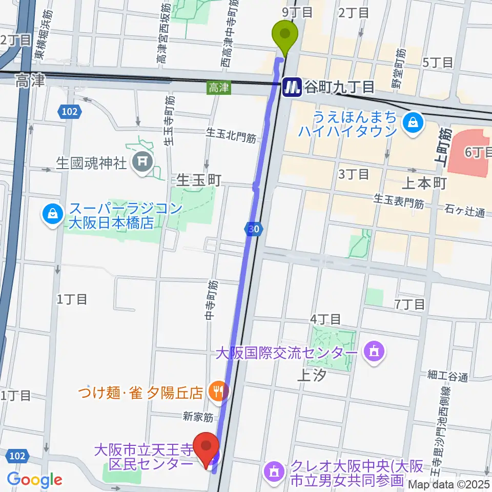 谷町九丁目駅から天王寺区民センターへのルートマップ地図
