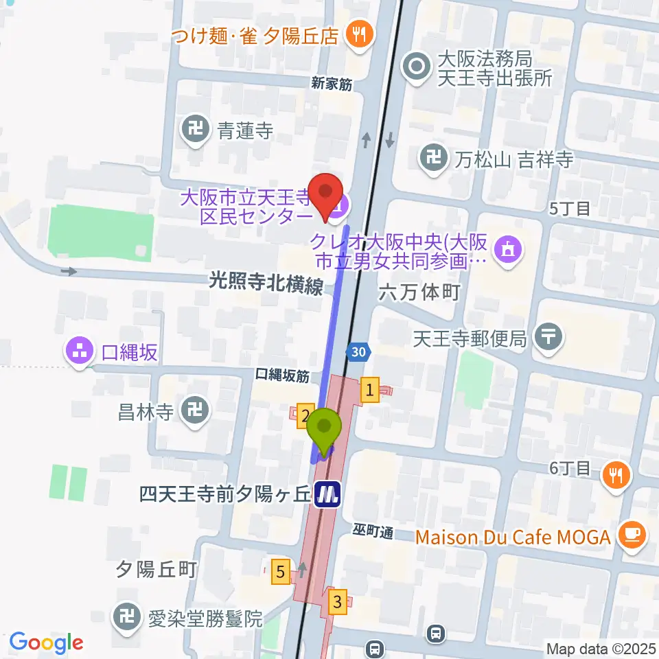 天王寺区民センターの最寄駅四天王寺前夕陽ヶ丘駅からの徒歩ルート（約3分）地図