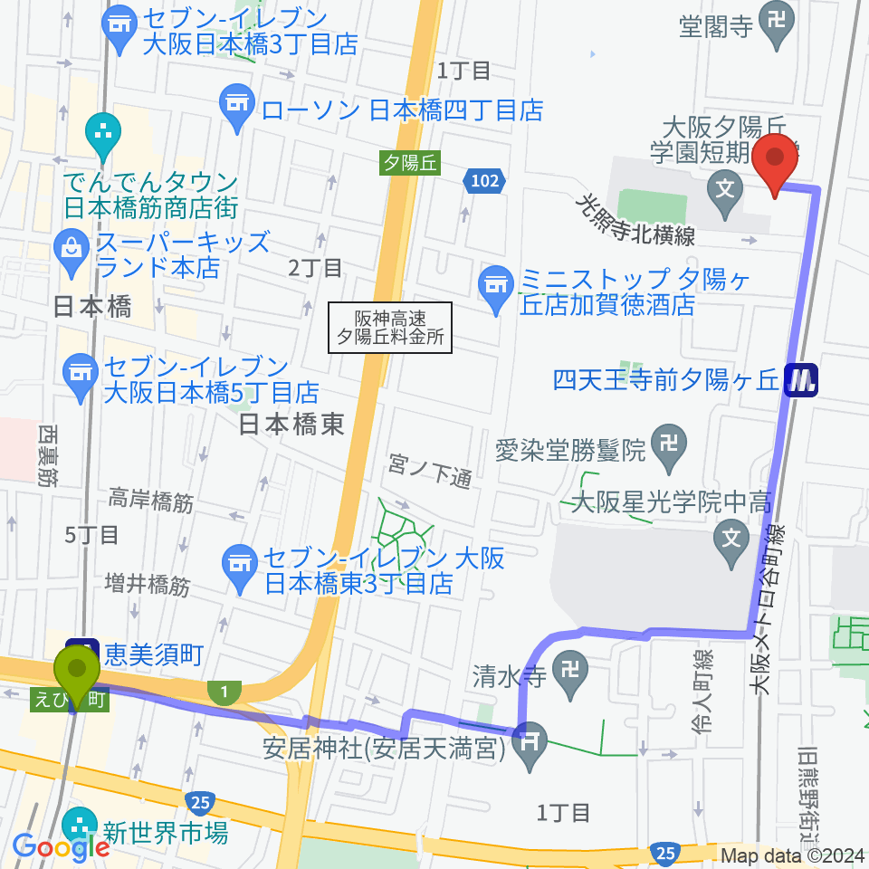 恵美須町駅から天王寺区民センターへのルートマップ地図