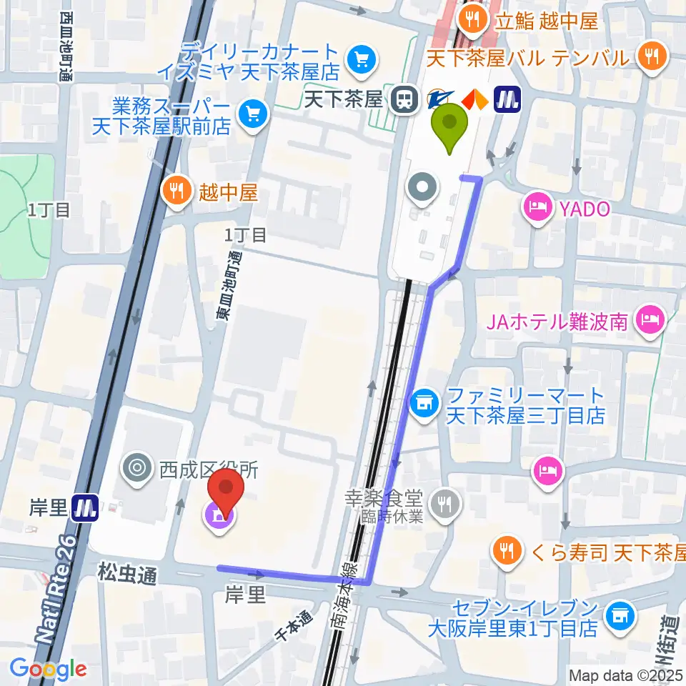 天下茶屋駅から大阪市立西成区民センターへのルートマップ地図