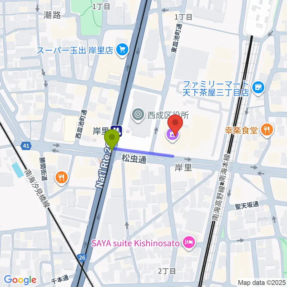 大阪市立西成区民センターの最寄駅岸里駅からの徒歩ルート（約2分）地図