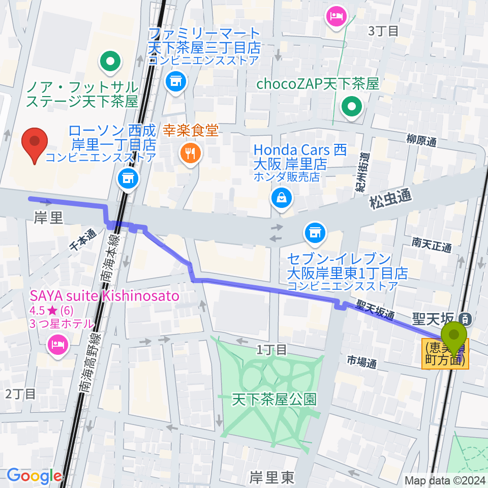 聖天坂駅から大阪市立西成区民センターへのルートマップ地図