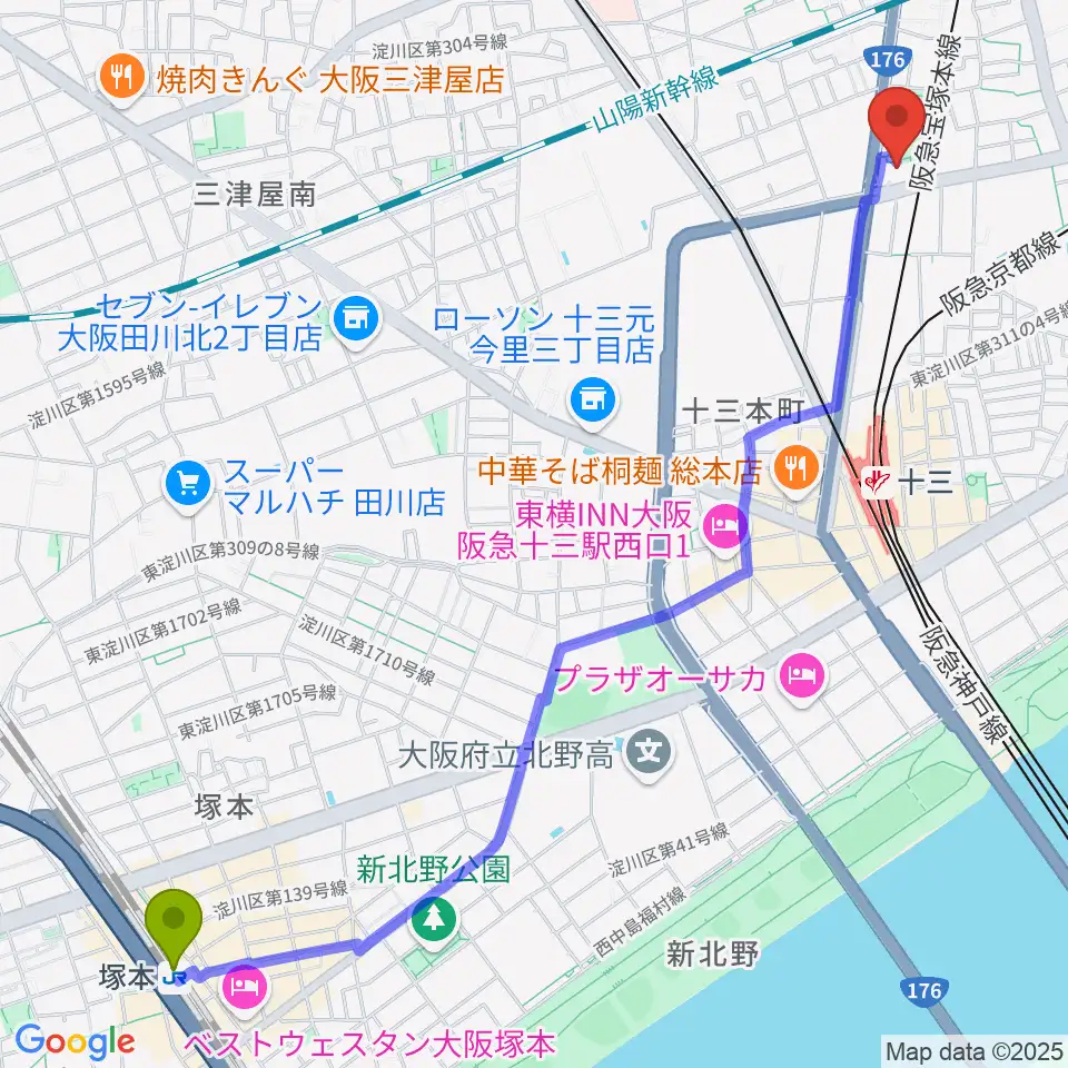 塚本駅から大阪市立淀川区民センターへのルートマップ地図