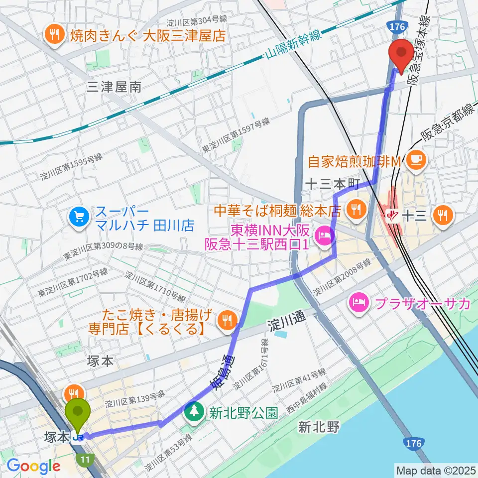 塚本駅から大阪市立淀川区民センターへのルートマップ地図