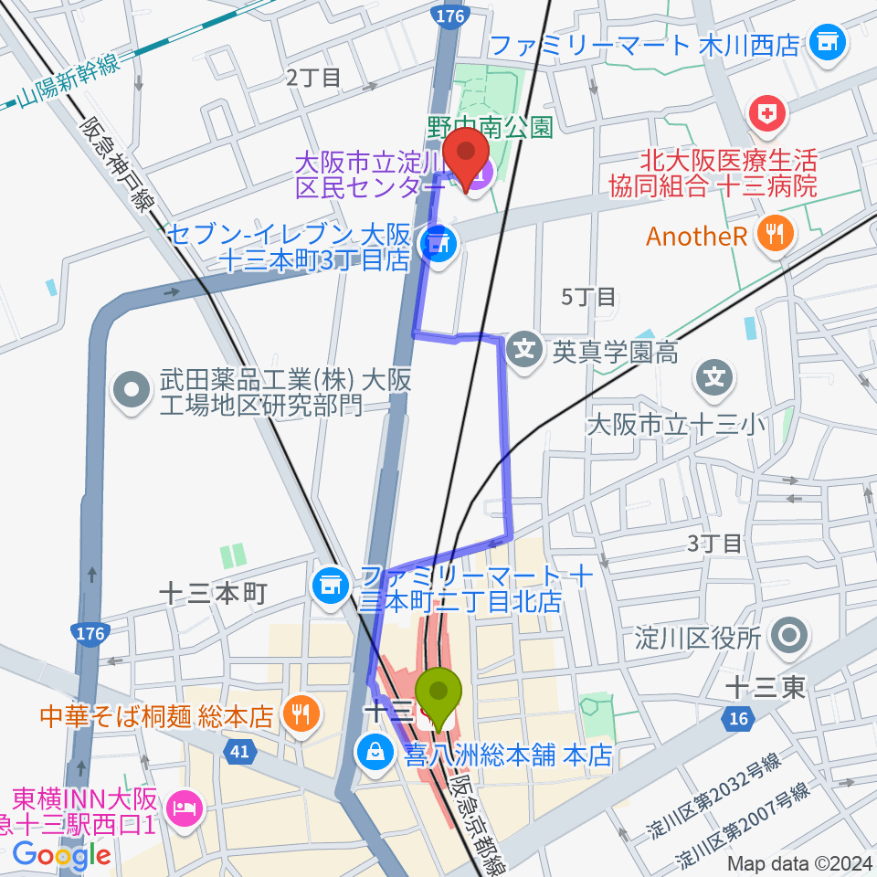 大阪市立淀川区民センターの最寄駅十三駅からの徒歩ルート（約10分）地図