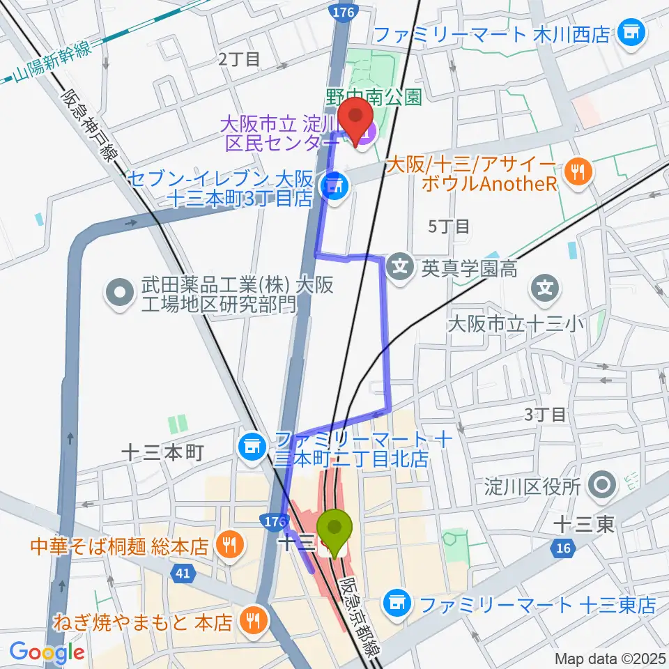 大阪市立淀川区民センターの最寄駅十三駅からの徒歩ルート（約10分）地図