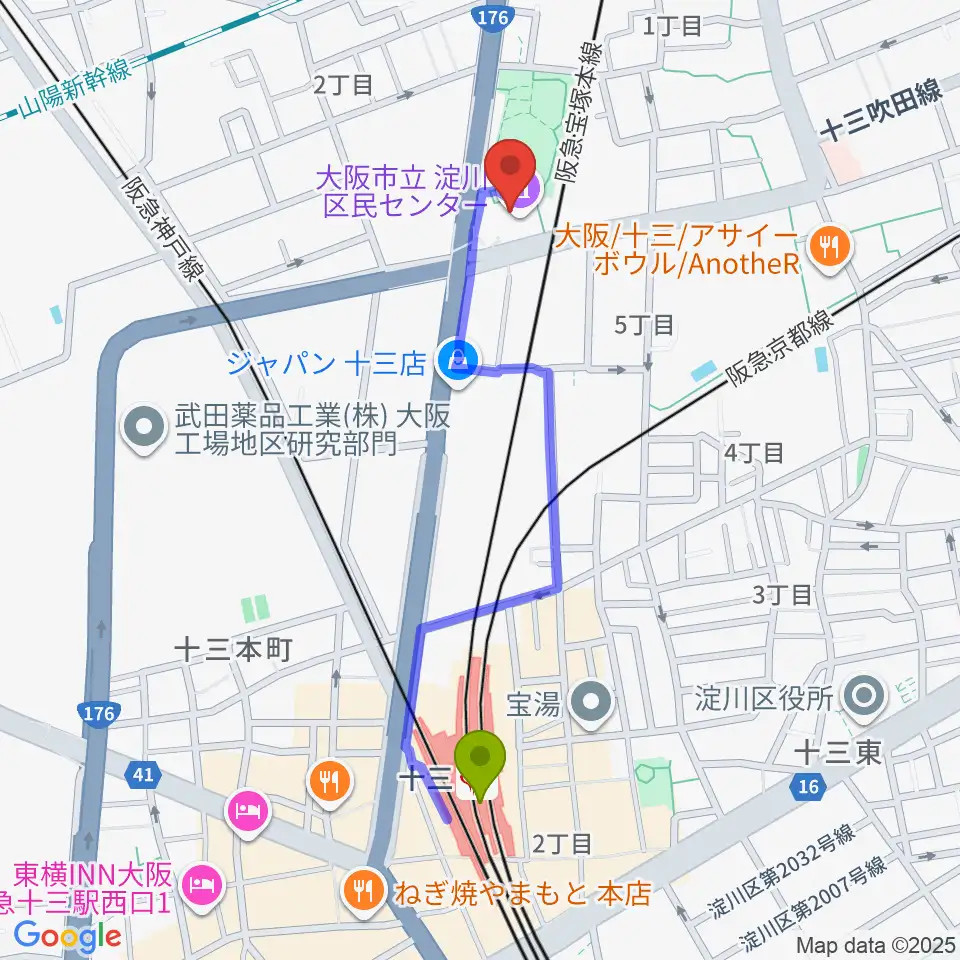 大阪市立淀川区民センターの最寄駅十三駅からの徒歩ルート（約10分）地図